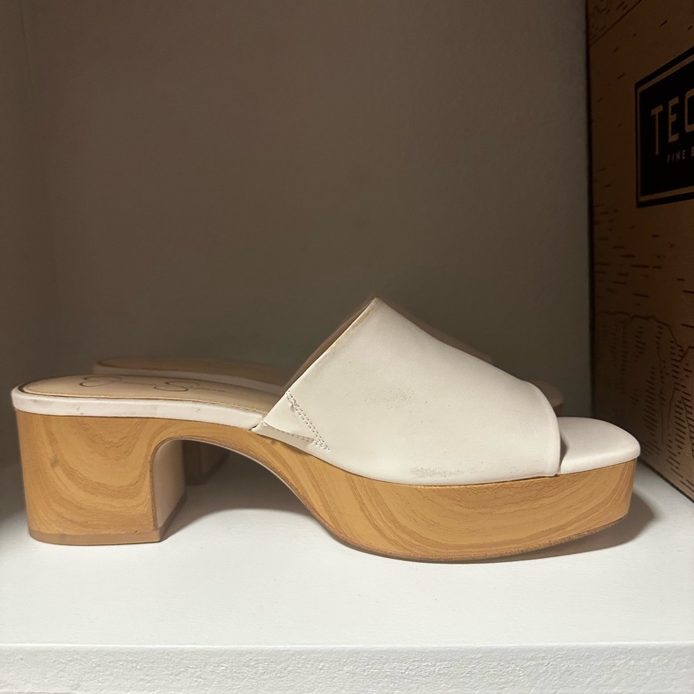 Jessica Simpson Cream Mules with Tan Heel